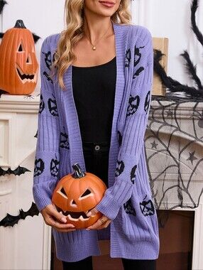 Halloween Pumpkin Knit Cardigan Sweater - Purple